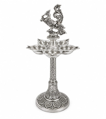 Luxury Silver Finish Peacock Panchmukhi Oil Lamp | Spiritual Home Décor & Pooja Essentia 2
