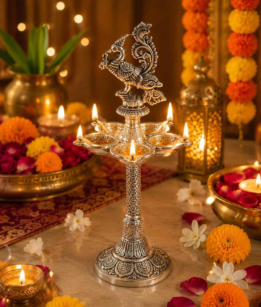 Luxury Silver Finish Peacock Panchmukhi Oil Lamp | Spiritual Home Décor & Pooja Essentia 2