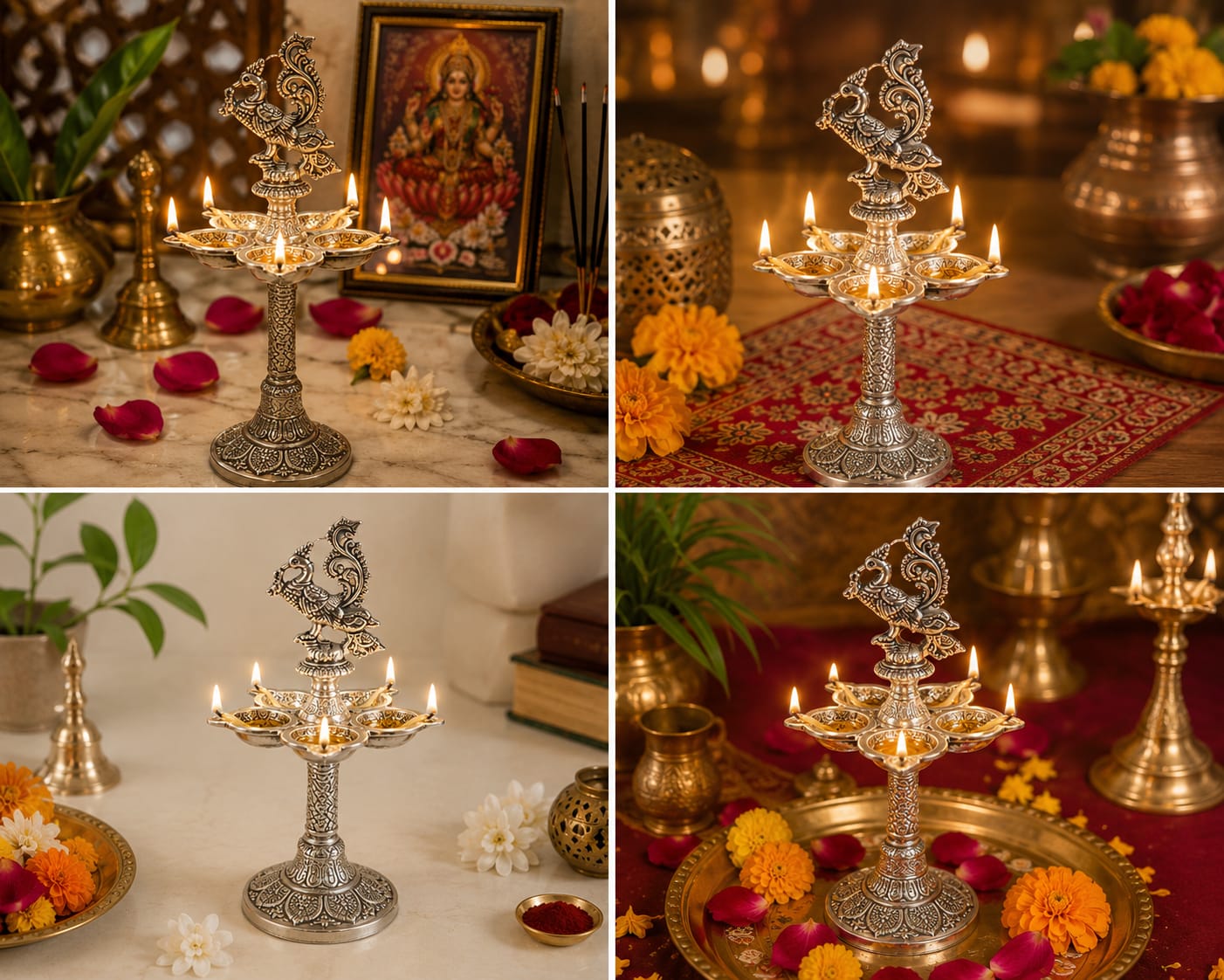 Luxury Silver Finish Peacock Panchmukhi Oil Lamp | Spiritual Home Décor & Pooja Essentia 2