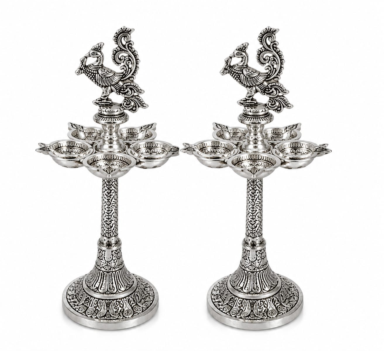 Luxury Silver Finish Peacock Panchmukhi Oil Lamp | Spiritual Home Décor & Pooja Essentia 2