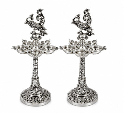 Luxury Silver Finish Peacock Panchmukhi Oil Lamp | Spiritual Home Décor & Pooja Essentia 2