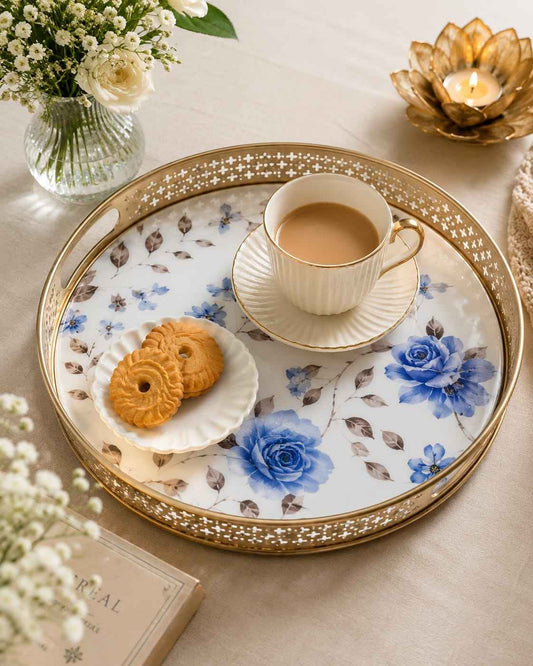 Luxury Gold Finish Metal Enamel Round Serving Tray Set – Decorative Tea Serving Platters with Floral Print