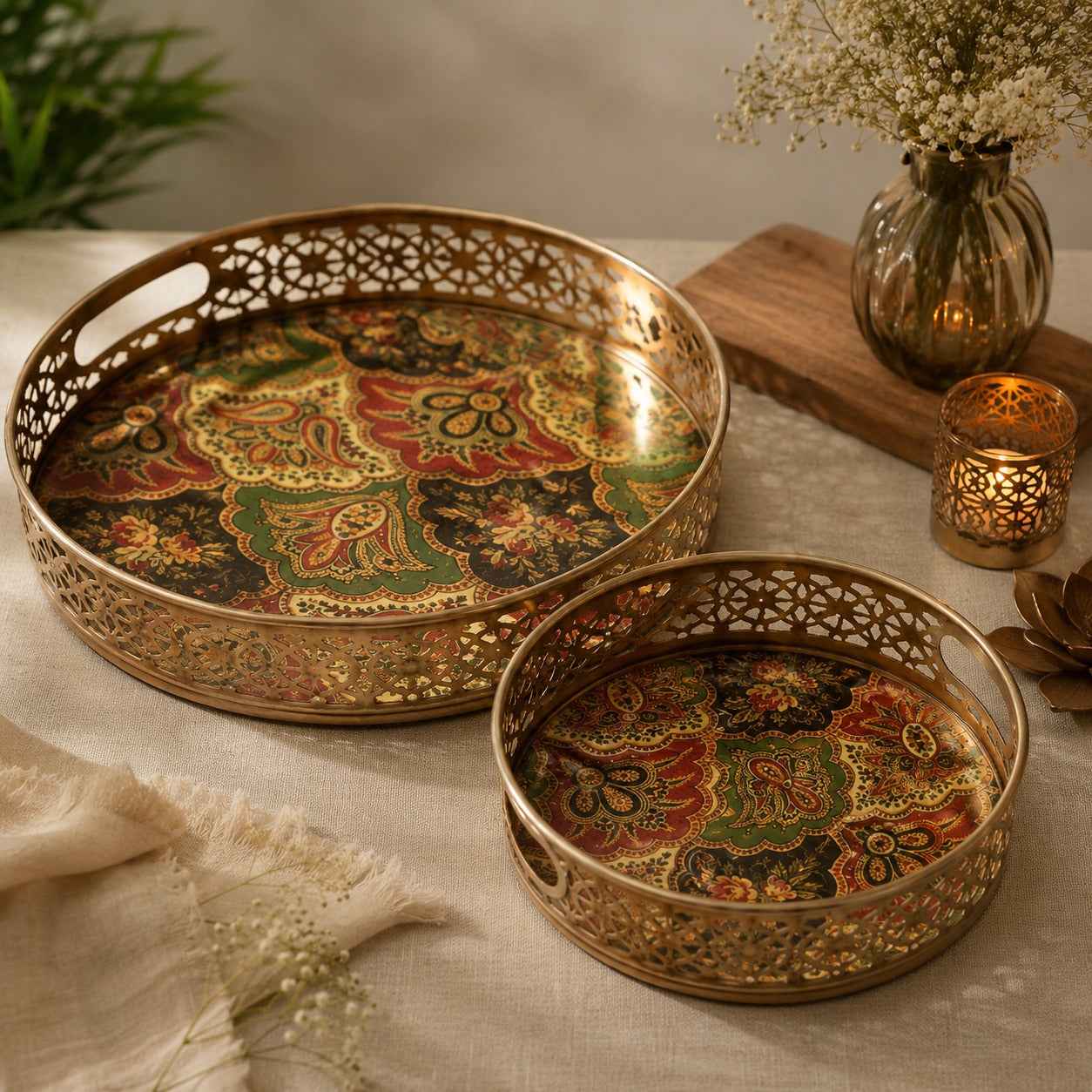 Luxury Gold Finish Metal Enamel Round Serving Tray Set – Decorative Tea Serving Platters with Floral Print
