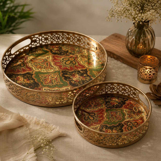 Luxury Gold Finish Metal Enamel Round Serving Tray Set – Decorative Tea Serving Platters with Floral Print