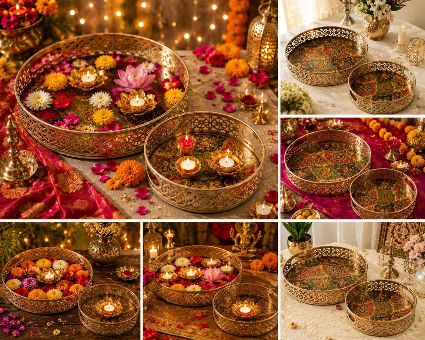 Luxury Gold Finish Metal Enamel Round Serving Tray Set – Decorative Tea Serving Platters with Floral Print