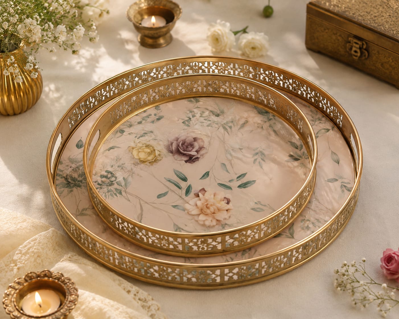 Luxury Gold Finish Metal Enamel Round Serving Tray Set – Decorative Tea Serving Platters with Floral Print