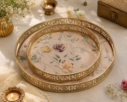 Luxury Gold Finish Metal Enamel Round Serving Tray Set – Decorative Tea Serving Platters with Floral Print