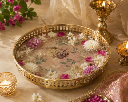 Luxury Gold Finish Metal Enamel Round Serving Tray Set – Decorative Tea Serving Platters with Floral Print