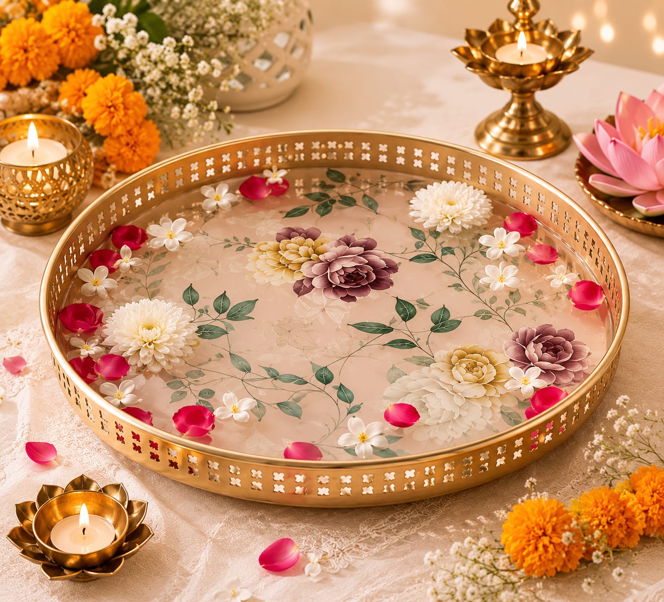 Luxury Gold Finish Metal Enamel Round Serving Tray Set – Decorative Tea Serving Platters with Floral Print