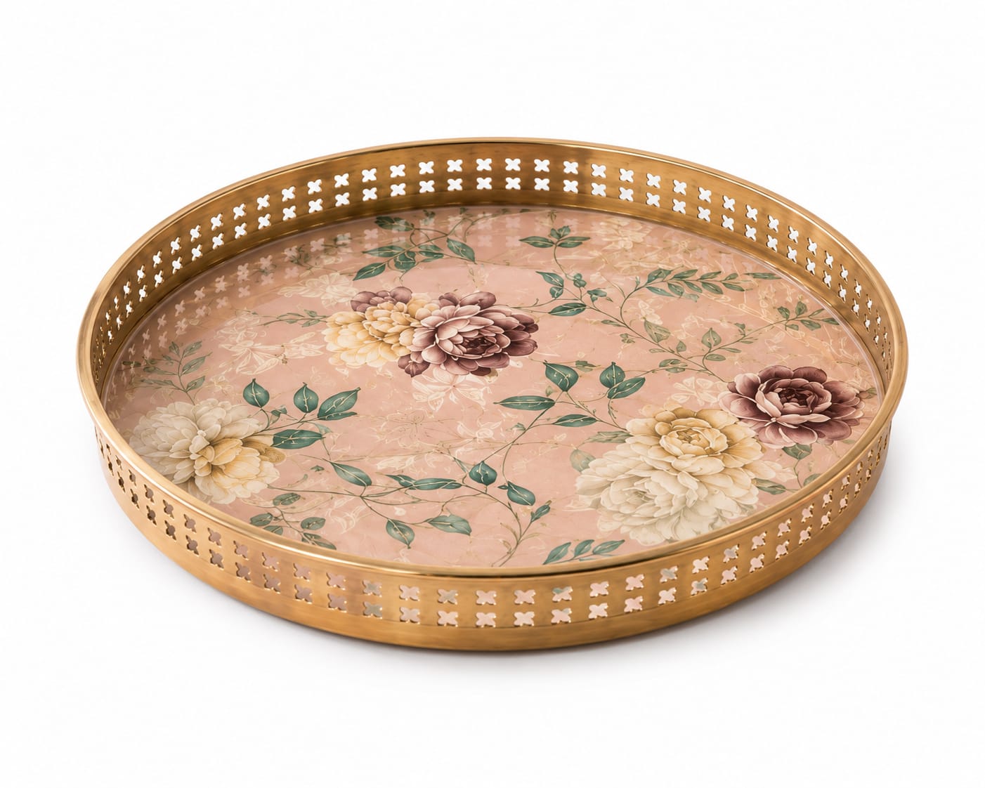 Luxury Gold Finish Metal Enamel Round Serving Tray Set – Decorative Tea Serving Platters with Floral Print
