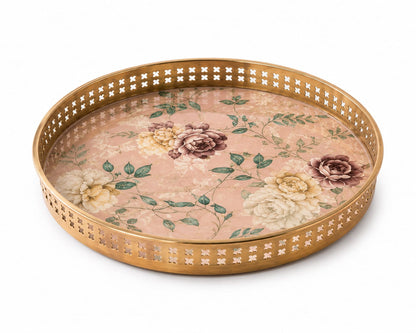 Luxury Gold Finish Metal Enamel Round Serving Tray Set – Decorative Tea Serving Platters with Floral Print