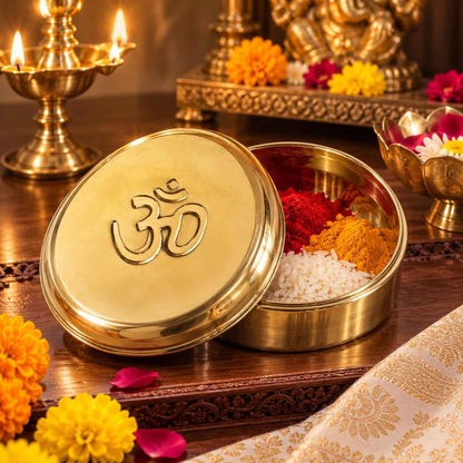 Handcrafted Brass Om Dibbi for Kumkum, Haldi & Pooja Essentials 300ml  (Pack 0f1)