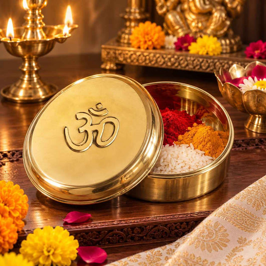 Handcrafted Brass Om Dibbi for Kumkum, Haldi & Pooja Essentials 300ml  (Pack 0f1)