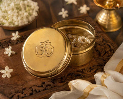 Handcrafted Brass Om Dibbi for Kumkum, Haldi & Pooja Essentials 300ml  (Pack 0f1)