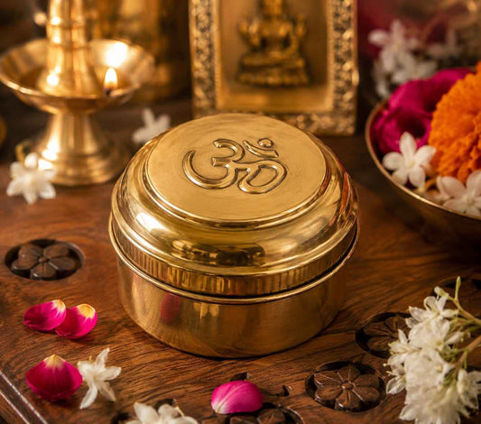 Handcrafted Brass Om Dibbi for Kumkum, Haldi & Pooja Essentials 300ml  (Pack 0f1)
