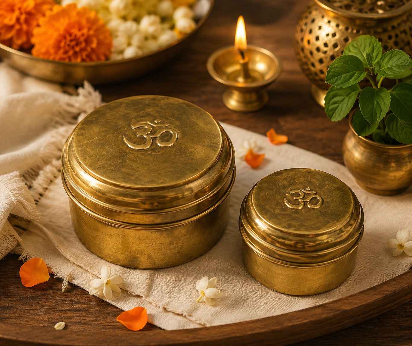 Handcrafted Brass Om Dibbi for Kumkum, Haldi & Pooja Essentials 300ml  (Pack 0f1)