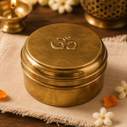 Handcrafted Brass Om Dibbi for Kumkum, Haldi & Pooja Essentials 300ml  (Pack 0f1)