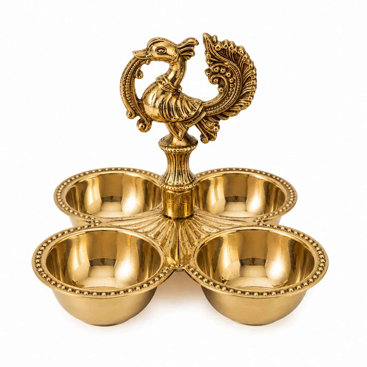 Handcrafted Brass Chowmukha Pooja Patra with Peacock Handle