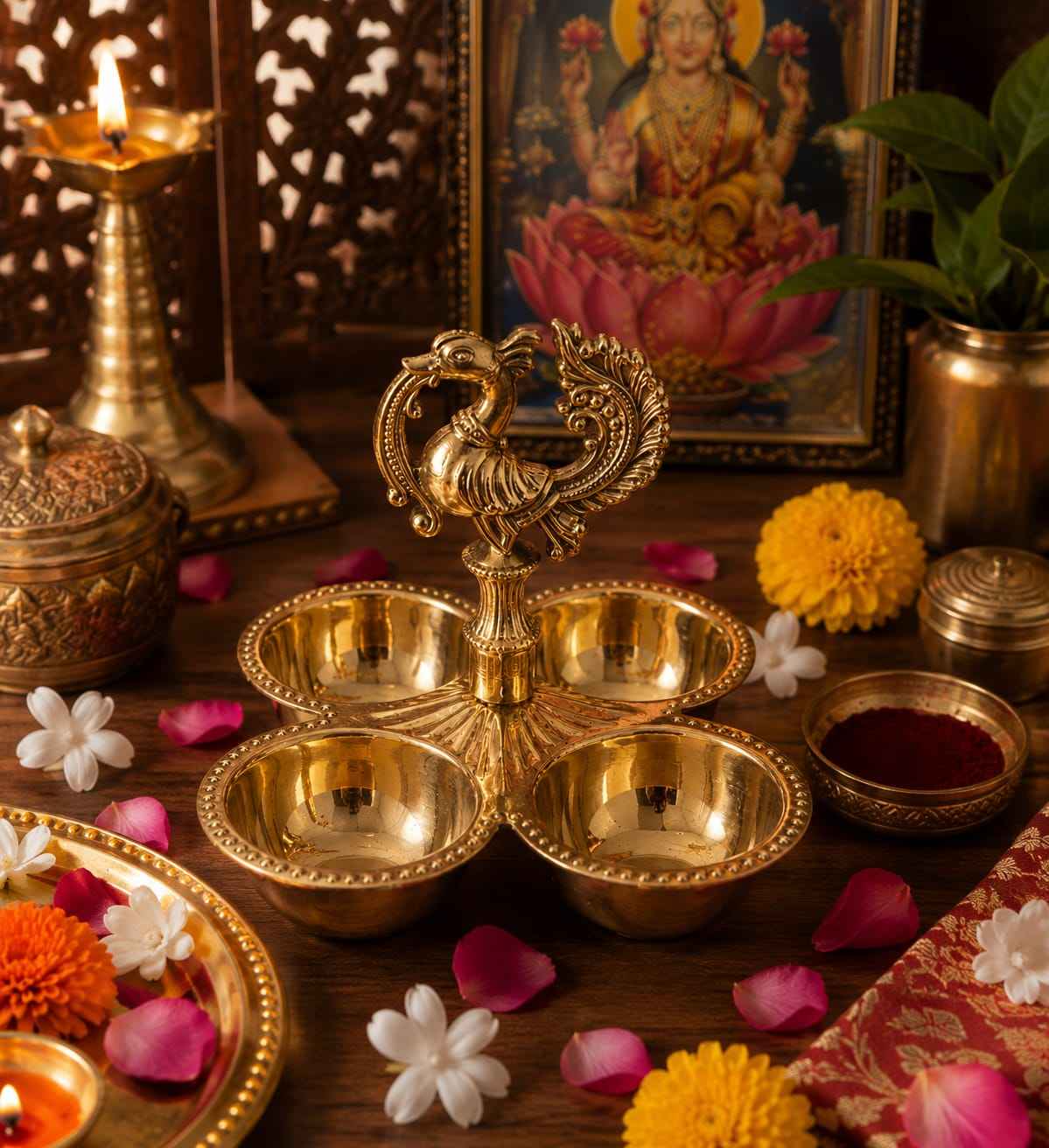 Handcrafted Brass Chowmukha Pooja Patra with Peacock Handle