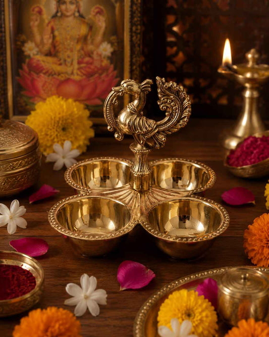 Handcrafted Brass Chowmukha Pooja Patra with Peacock Handle