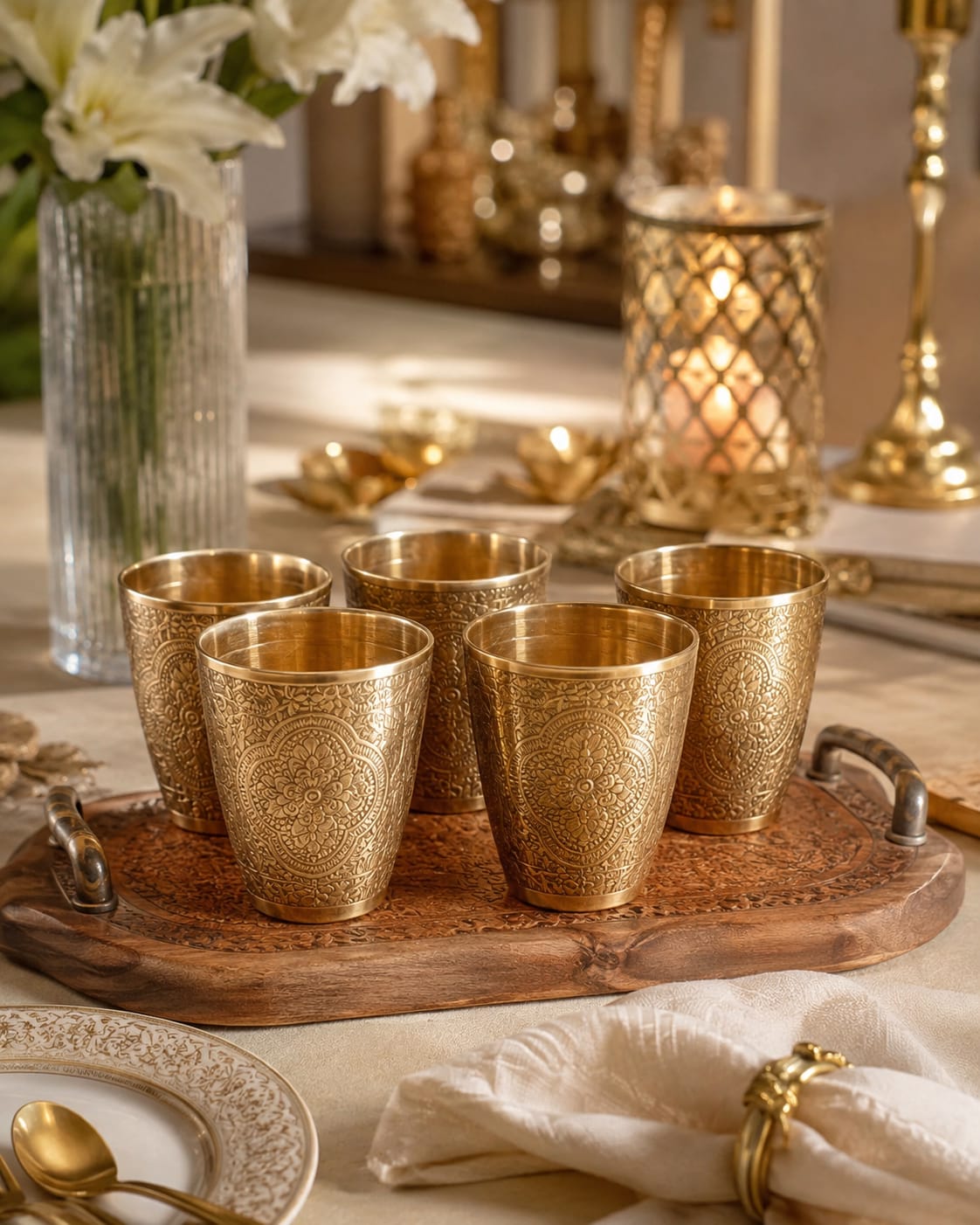Handcrafted Engraved Brass Glass Set of 6 with Premium Green Velvet Gift Box