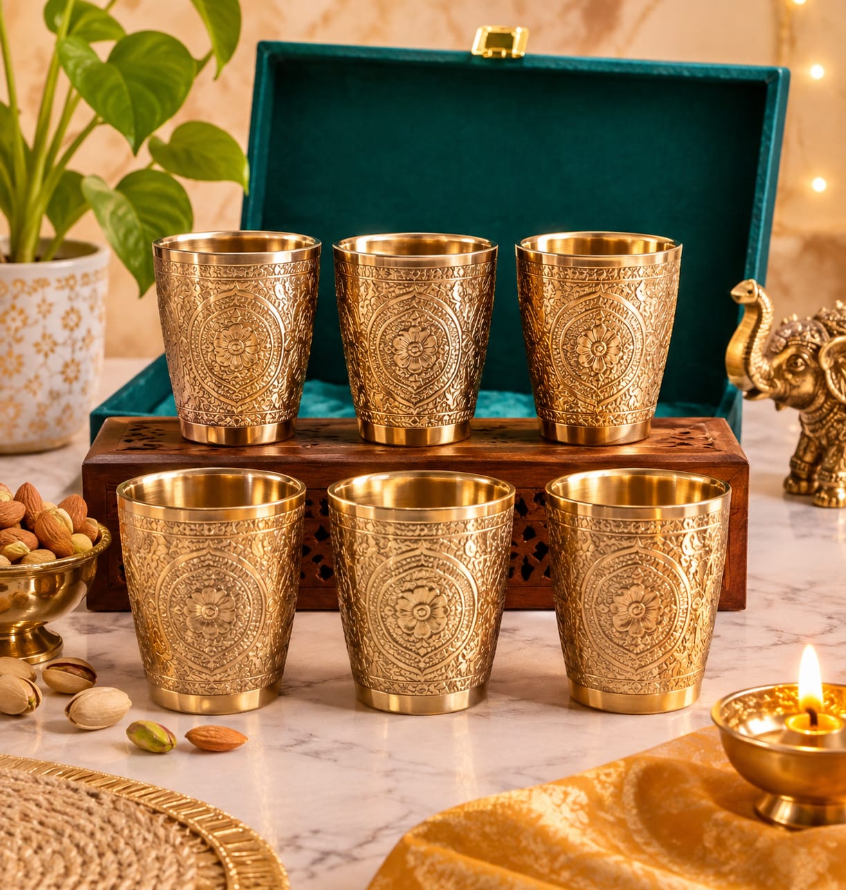 Handcrafted Engraved Brass Glass Set of 6 with Premium Green Velvet Gift Box