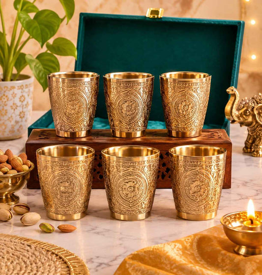 Handcrafted Engraved Brass Glass Set of 6 with Premium Green Velvet Gift Box