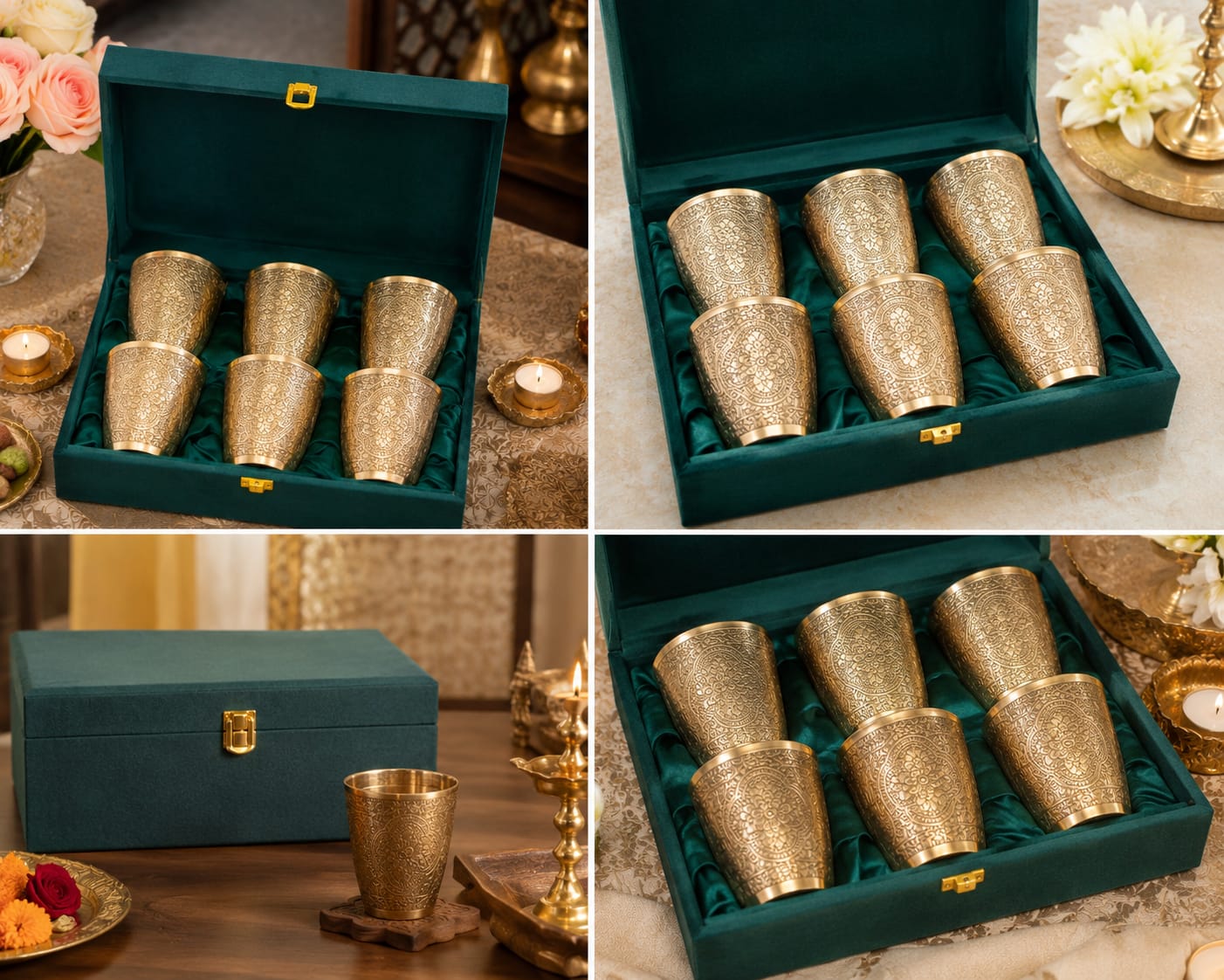 Handcrafted Engraved Brass Glass Set of 6 with Premium Green Velvet Gift Box