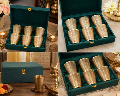 Handcrafted Engraved Brass Glass Set of 6 with Premium Green Velvet Gift Box