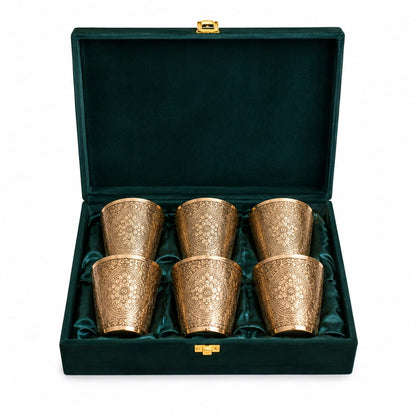 Handcrafted Engraved Brass Glass Set of 6 with Premium Green Velvet Gift Box