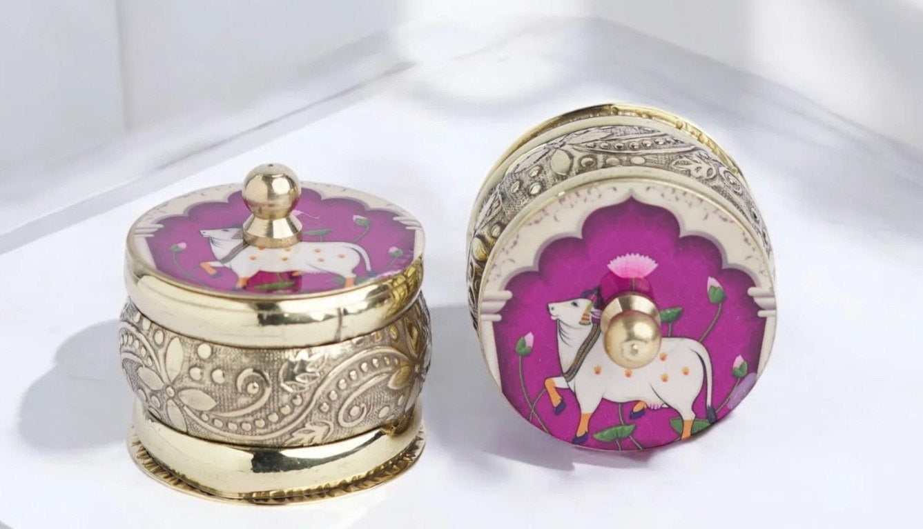 Handcrafted Brass Pichwai  Kumkum Box Pack of 2 gift