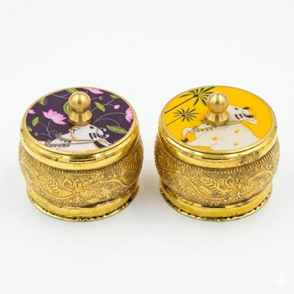 Handcrafted Brass Pichwai  Kumkum Box Pack of 2 gift Multi colour
