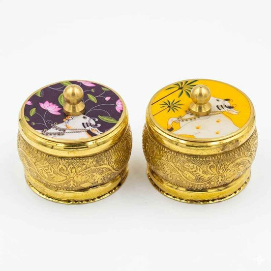 Handcrafted Brass Pichwai  Kumkum Box Pack of 2 gift Multi colour