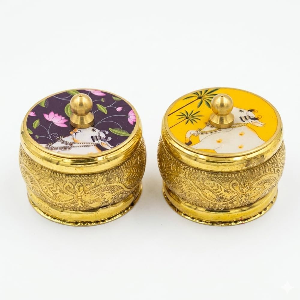 Handcrafted Brass Pichwai  Kumkum Box Pack of 2 gift Multi colour