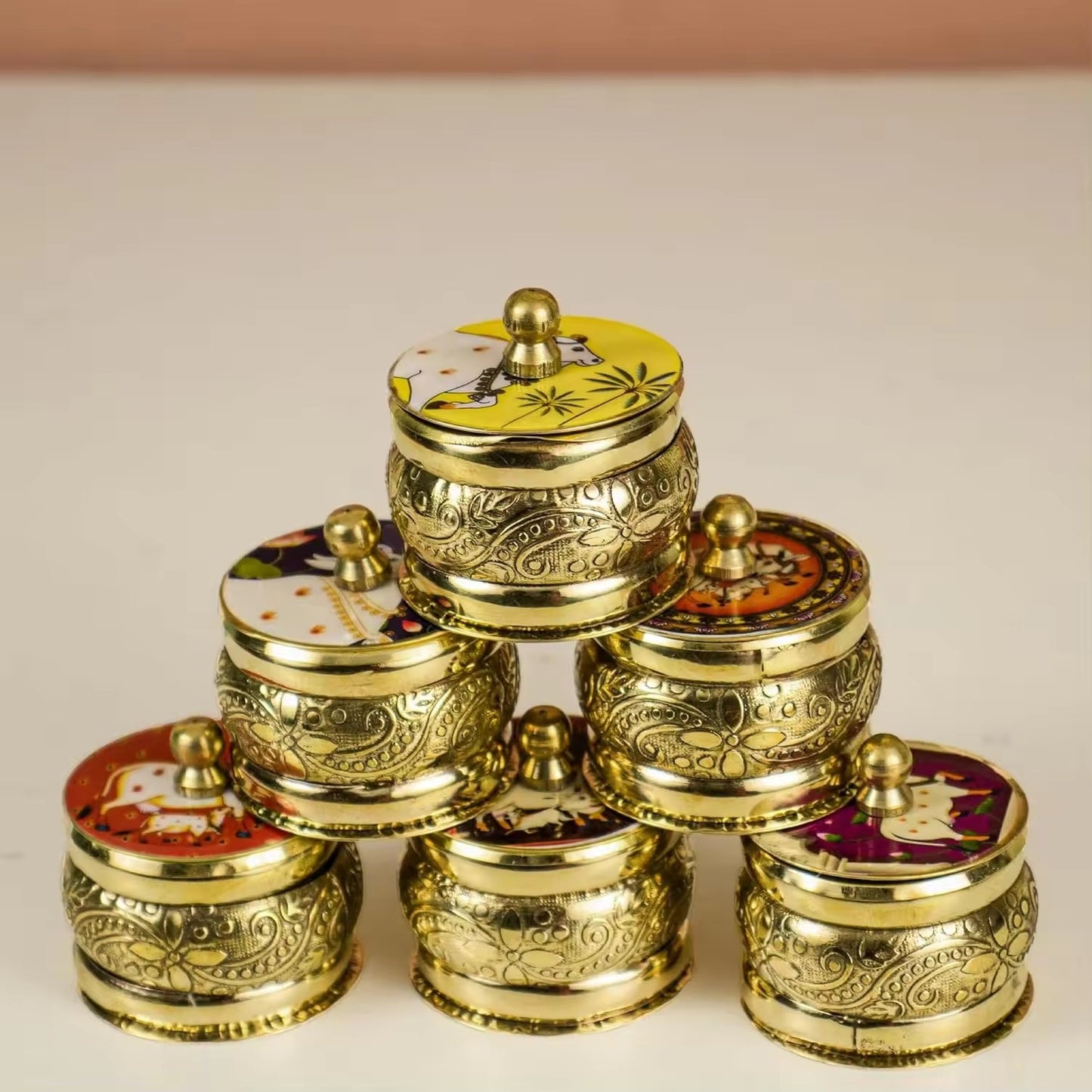 Handcrafted Brass Pichwai  Kumkum Box Pack of 2 gift