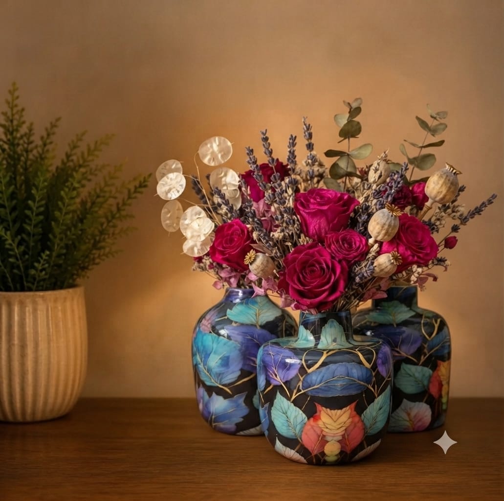 Floral Metal Planter Set of 3 – Unbreakable Vintage Vases 8,10,12 inch