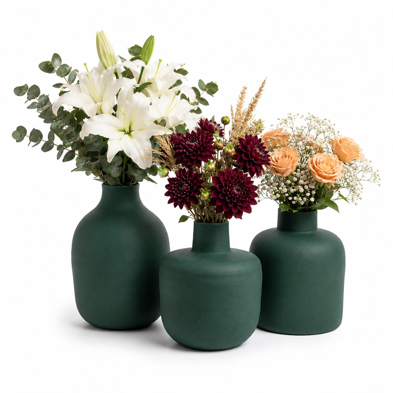 Metal Vase Set of 3 – 8", 10", 12" Matte Teal Decorative Pots