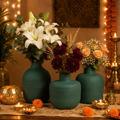 Metal Vase Set of 3 – 8", 10", 12" Matte Teal Decorative Pots