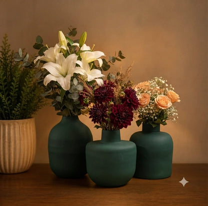 Metal Vase Set of 3 – 8", 10", 12" Matte Teal Decorative Pots