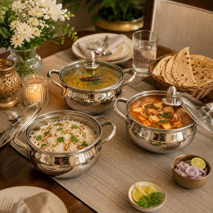 Premium Stainless Steel Handi Set with glasse – Elegant Cook & Serve Collection