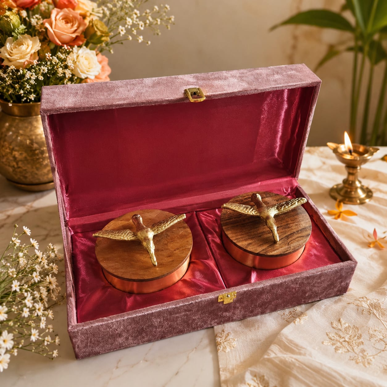Golden Eagle Airtight Brass Storage Jar set of 2 with velvet box