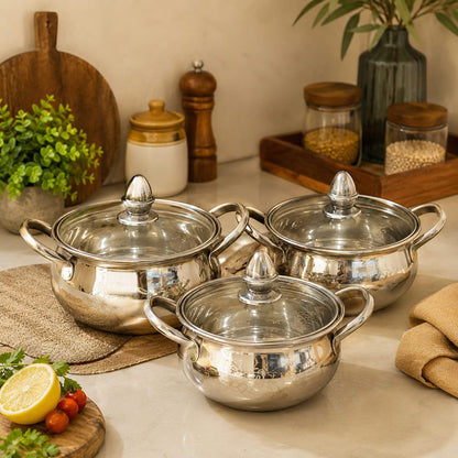 Premium Stainless Steel Handi Set with glasse – Elegant Cook & Serve Collection