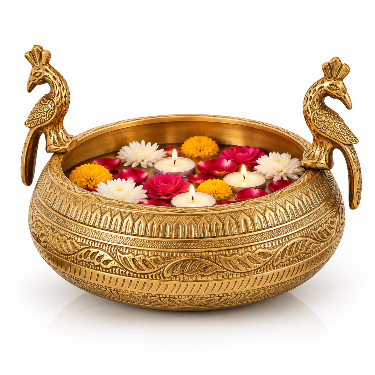 Handcrafted Brass Urli with Peacock Handles | Floating Candle Bowl for Home Decor