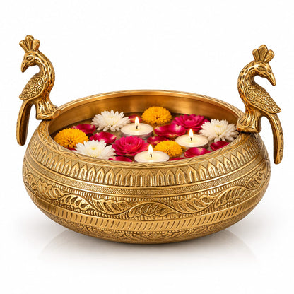 Handcrafted Brass Urli with Peacock Handles | Floating Candle Bowl for Home Decor