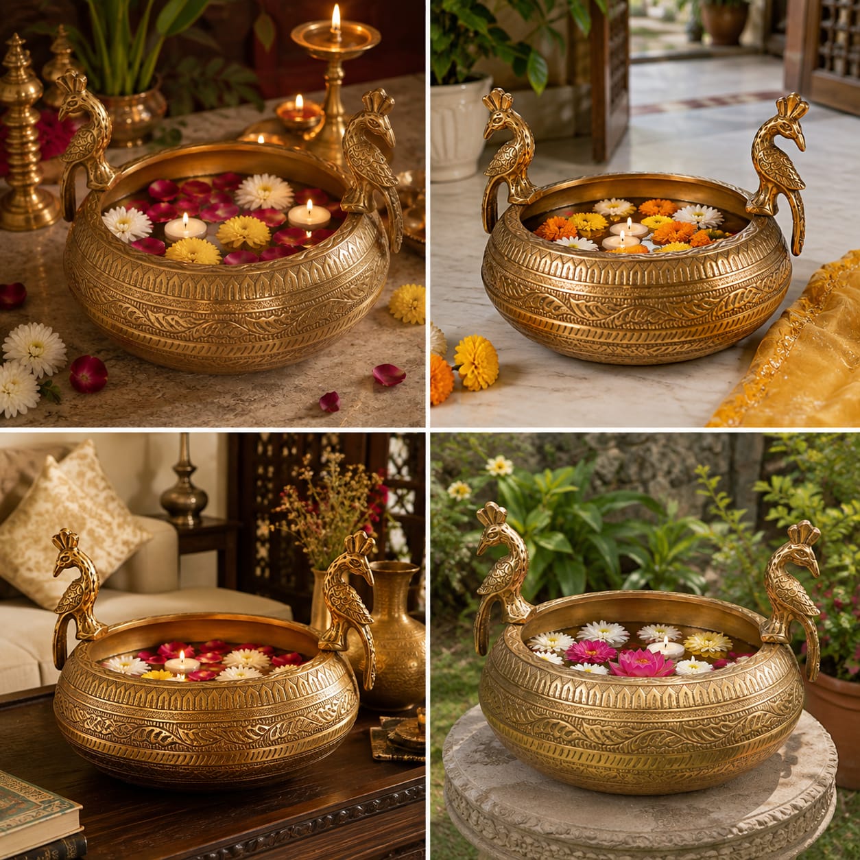 Handcrafted Brass Urli with Peacock Handles | Floating Candle Bowl for Home Decor