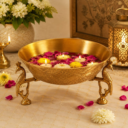 Antique Brass Urli Bowl with Peacock Legs – Floating Candle & Flower Decor Bowl"