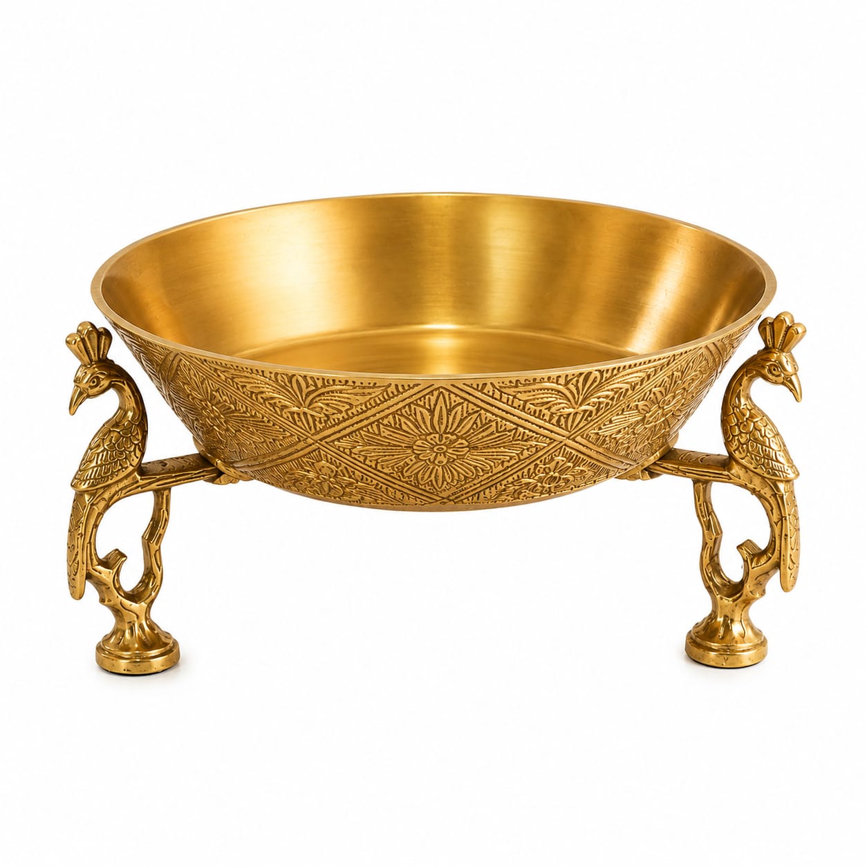Antique Brass Urli Bowl with Peacock Legs – Floating Candle & Flower Decor Bowl"