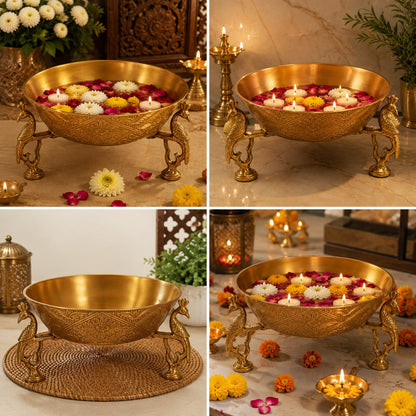 Antique Brass Urli Bowl with Peacock Legs – Floating Candle & Flower Decor Bowl"