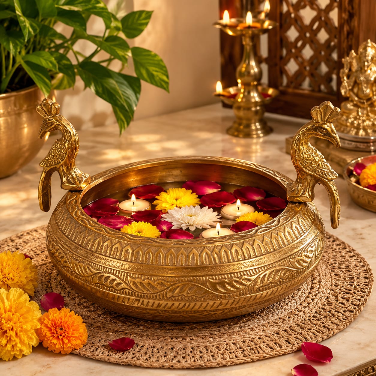 Handcrafted Brass Urli with Peacock Handles | Floating Candle Bowl for Home Decor