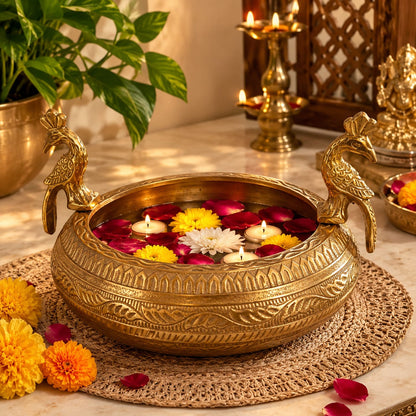 Handcrafted Brass Urli with Peacock Handles | Floating Candle Bowl for Home Decor